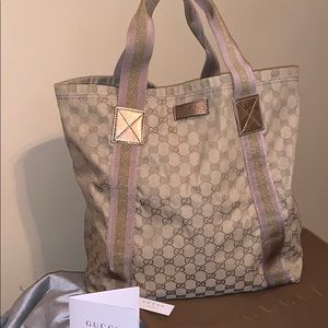 Authentic GUCCI Monogram Medium Web Tote Pink Gold